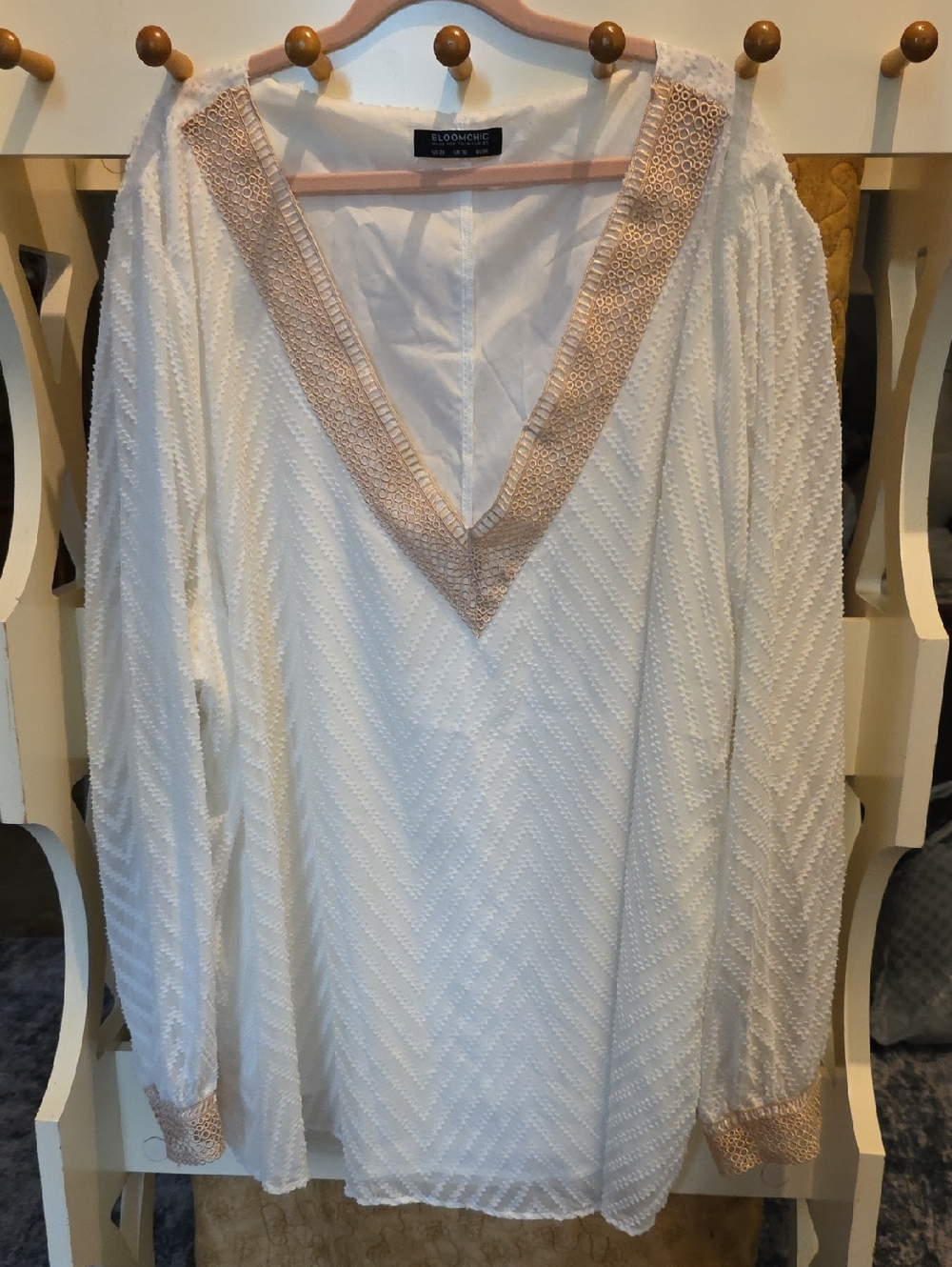 BloomChic White V-Neck Tunic with Beige Crochet Trim